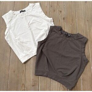 Women’s Arrive Guide White Brown Sleeveless Cropped Activewear Shirts Small - 2